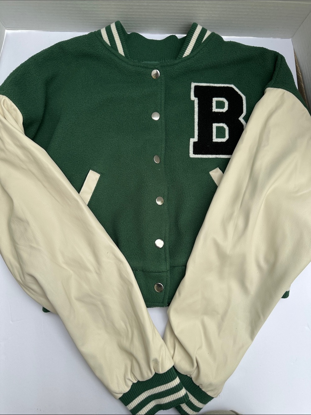 Love Tree Green and Cream Varsity Letterman Jacket with 'B' Patch